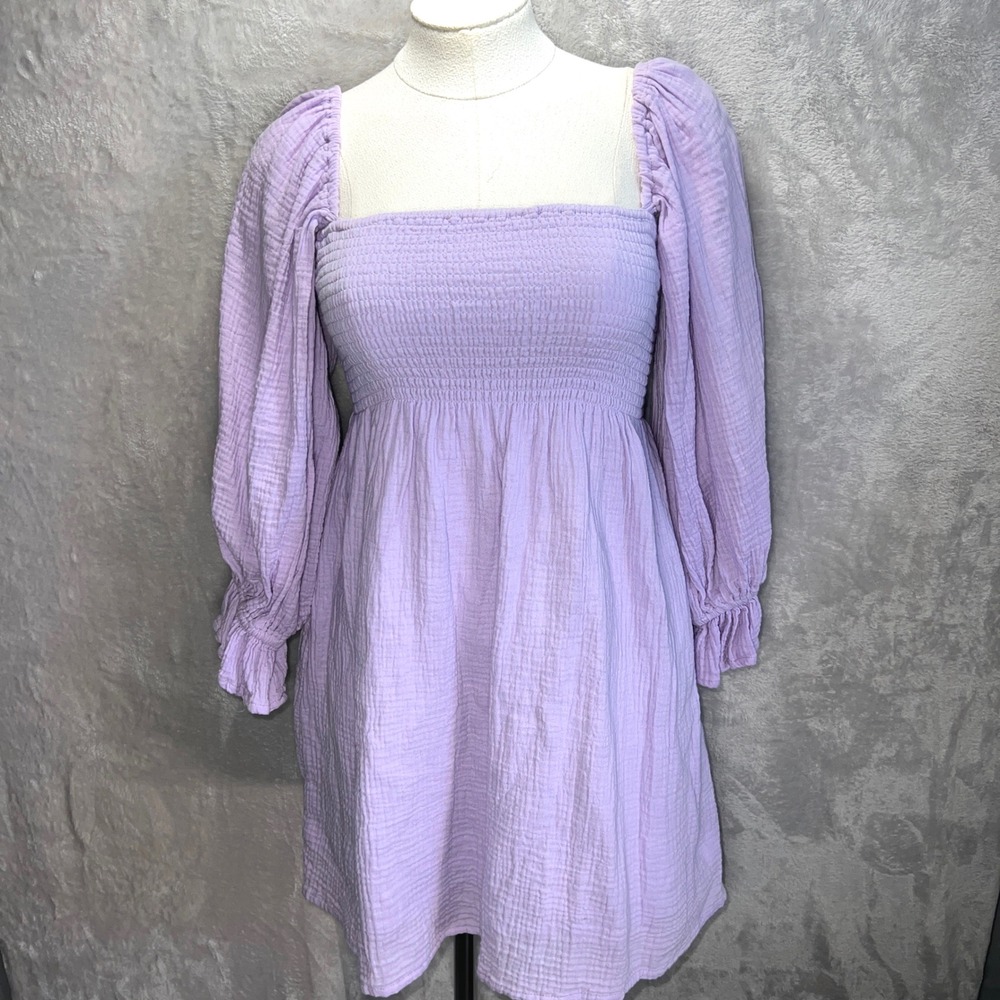 Kourt Smocked Dress Womens XS‎ Purple Gauzy Cotton Mini Dress cottage peasant